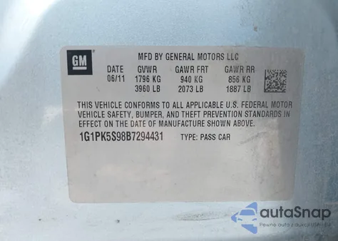 2011 Chevrolet Cruze Eco z USA, uszkodzony, nr VIN 1G1PK5S98B7294431